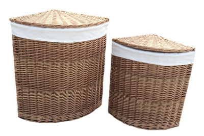 Red Hamper H096W Wicker Set of 2 Light Steamed Corner Laundry Baskets with White Lining