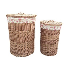 Red Hamper H097R Wicker Set of 2 Light Steamed Round Laundry Baskets with Garden Rose Lining
