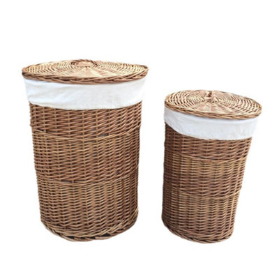 Red Hamper H097W Wicker Set of 2 Light Steamed Round Laundry Baskets with White Lining