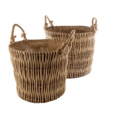 Red Hamper L013 Wicker Set of 2 Vertical Weave Hessian Lined Log Baskets