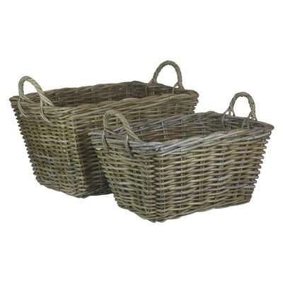 Red Hamper RA001 Rattan Set of 2 Rectangular Grey Rattan Floor Storage ...