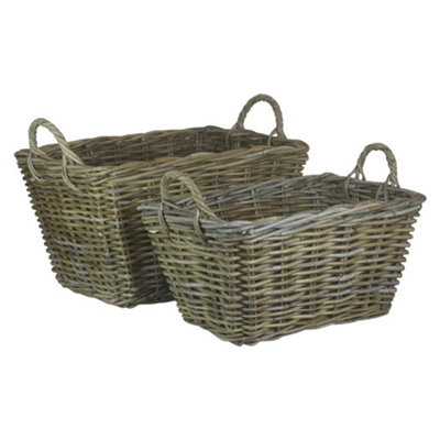 Red Hamper RA001 Rattan Set of 2 Rectangular Grey Rattan Floor Storage Baskets