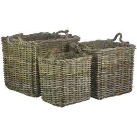 Red Hamper RA008 Rattan Set of 3 Square Grey Rattan Log Baskets