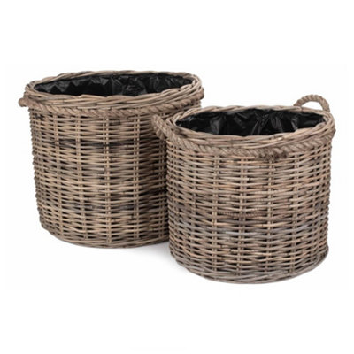 Red Hamper RA029 Rattan Set of 2 Rope Handled Rattan Round Planter with ...