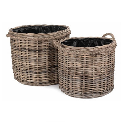 Red Hamper RA029 Rattan Set of 2 Rope Handled Rattan Round Planter with Plastic Lining