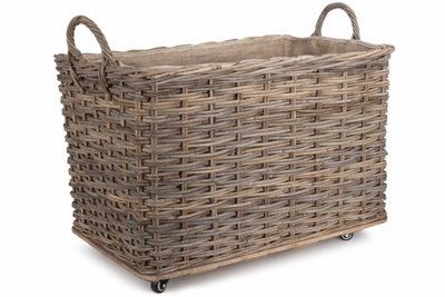 Red Hamper RA035 Rattan Large Wheeled Rattan Hessian Lined Log Basket