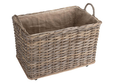 Red Hamper RA035 Rattan Large Wheeled Rattan Hessian Lined Log Basket