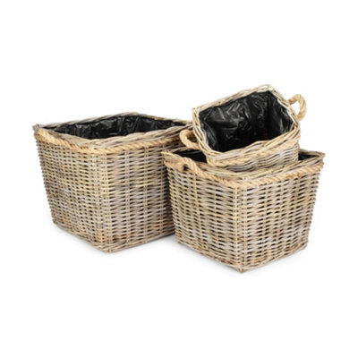 Red Hamper RA049 Set of 3 Square Tapered Rope Handled Rattan Planter With Plastic Lining