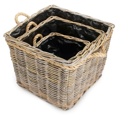 Red Hamper RA049 Set of 3 Square Tapered Rope Handled Rattan Planter ...
