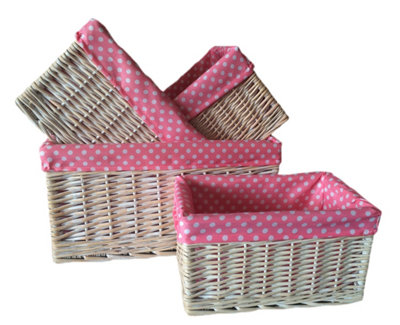 Red Hamper ST002P Wicker Pink Spotty Lined Open Storage Basket Set of 4
