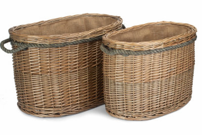 Red Hamper ST028-029 Wicker Set 2 Oval Rope Handled Log Baskets