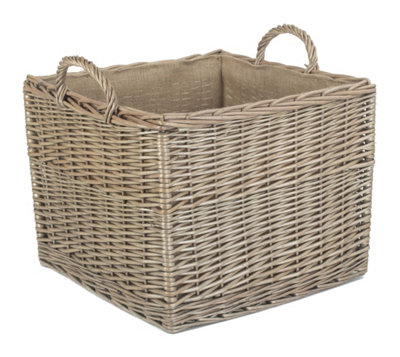 Red Hamper ST042 Wicker Large Antique Wash Square Hessian Lined Log Basket