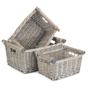 Red Hamper ST046-048  Set of 3 Antique Wash Wooden Handled Wicker Storage Basket