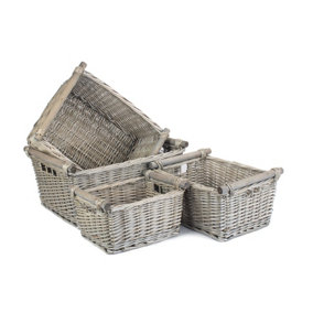 Red Hamper ST046-049  Set of 4 Antique Wash Wooden Handled Wicker Storage Basket