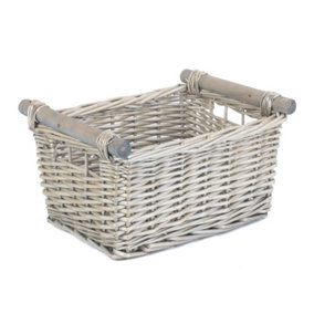 Red Hamper ST046 Wicker Small Grey Wash Wooden Handled Storage Basket