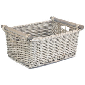 Red Hamper ST048 Wicker Large Grey Wash Wooden Handled Storage Basket