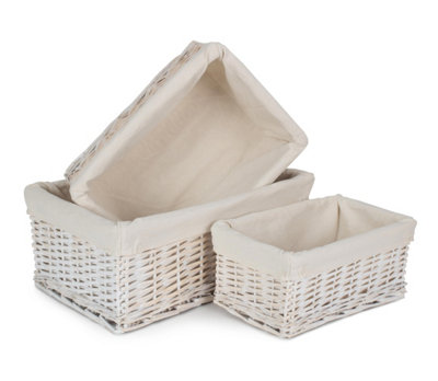 Red Hamper ST074W Wicker Set of 3 White Wash Storage Basket with Lining