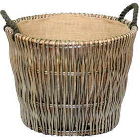 Red Hamper W043 Brown Round Grey Hessian Lined Log Basket