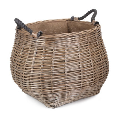Red Hamper W066 Wicker Curve Sided Antique Wash Hessian Lined Log Basket