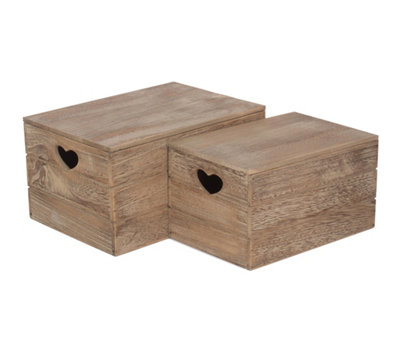 Red Hamper WB022L-023L Wood Set of 2 Oak Effect Heart Cut Handle Wooden Lidded Storage Box