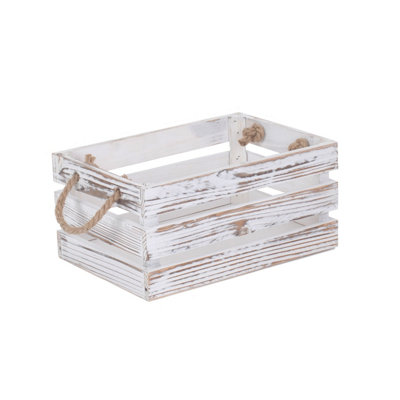 Red Hamper WB061 Wood Small Distressed White Rope Handled Wooden Crate