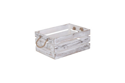 Red Hamper WB062 Wood Medium Distressed White Rope Handled Crate
