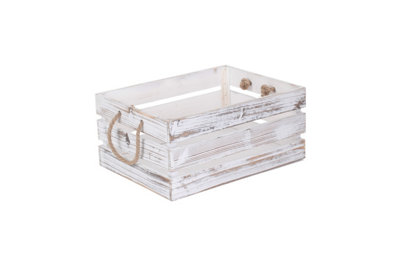 Red Hamper WB063 Wood Large Distressed White Rope Handled Crate