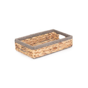 Red Hamper WH022/1 Water Hyacinth Small Shallow Rectangular Water Hyacinth With Grey Rope Border Storage Basket