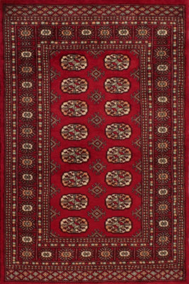 Red Hand Knotted Traditional Bordered Floral Geometric Easy to clean Rug for Bedroom & Living Room-90cm X 150cm