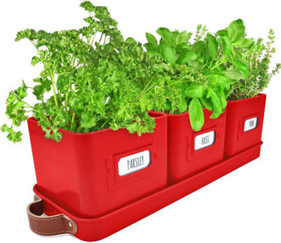 Red Herb Pots with Leather Tray - 3-Piece Indoor Planter Set, Labels Included