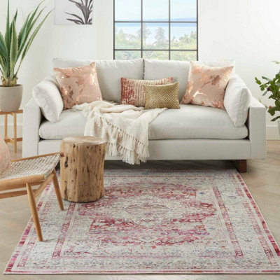 Red Ivory Luxurious Traditional Persian Easy to Clean Bordered Floral Rug For Dining Room -121cm X 173cm