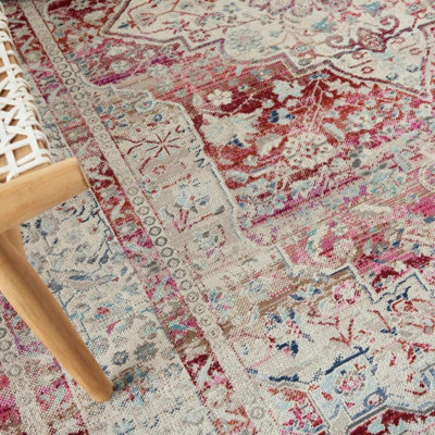 Red Ivory Rug, Bordered Floral Rug, Traditional Stain-Resistant Rug, Persian Rug for Bedroom, Dining Room-71cm X 244cm (Runner)