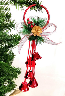 Red Jingle Bells Door Hanger Decoration Christmas Foliage Wreath 28cm