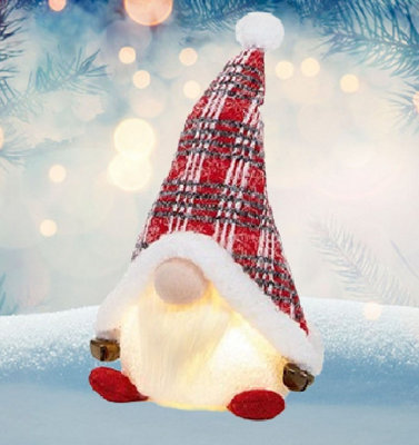 Red Light Up Christmas Gnome Sitting Festive Plush Decoration With Bells 35cm