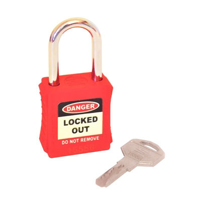 Red Lockout Safety Padlock, Reinforced Nylon Body, Resistant To Chemicals & Corrosion, Key Retaining Feature