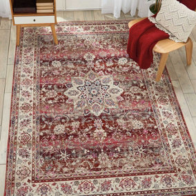 Red Luxurious Traditional Persian Easy to Clean Floral Rug For Dining Room-115cm (Circle)