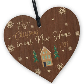 Red Ocean 2023 First Christmas In Our New Home Wooden Hanging Heart Decoration Gift, Housewarming Christmas Gifts