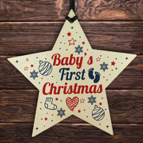 Red Ocean Babys First Christmas Gift Wooden Star Tree Bauble 1st Xmas Ornament Decoration