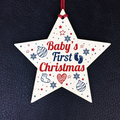 Red Ocean Babys First Christmas Gift Wooden Star Tree Bauble 1st Xmas Ornament Decoration