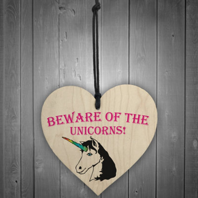Red Ocean Beware Of The Unicorns Novelty Wooden Hanging Heart Plaque