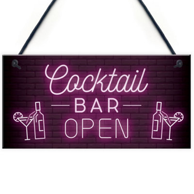 Red Ocean Cocktail Bar OPEN Hanging Home Bar Man Cave Decor Sign Garden