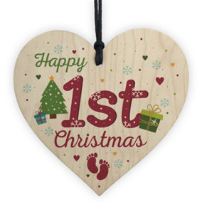 Red Ocean First 1st Christmas Baby Mummy Daddy Gift Bauble Decoration Handmade Wooden Heart Sign