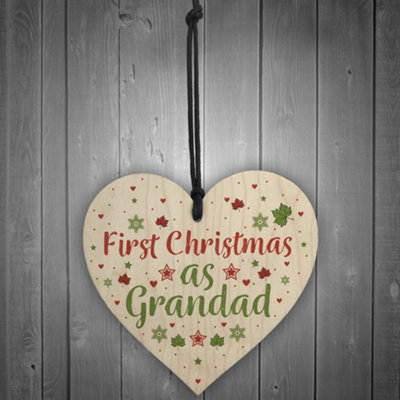 Red Ocean First Christmas Grandad Newborn Baby Gifts Handmade Wooden Hanging Heart Tree Bauble Xmas Decoration