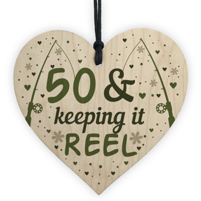 Red Ocean Funny 50th Birthday Fishing Gifts Wooden Heart Birthday