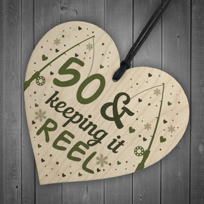 Red Ocean Funny 50th Birthday Fishing Gifts Wooden Heart Birthday