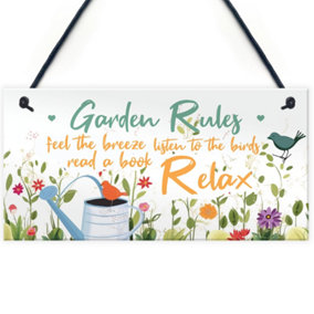 Red Ocean Handmade Hanging Wall Plaque Garden Rules Sign Relax Feel the Breeze Pretty Sign for Gardeners