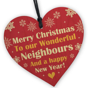 Red Ocean Neighbour Merry Christmas - Wooden Hanging Heart Gift For Neighbour - Neighbour Friendship Gifts For Him Her