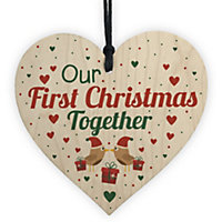 Red Ocean Our First 1st Christmas Tree Bauble Decoration Anniversary Handmade Wooden Hanging Heart Gift Keepsake