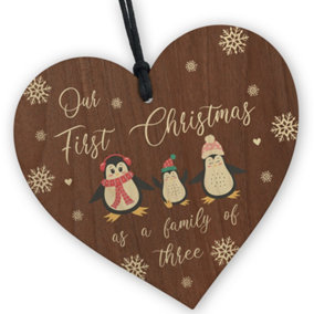 Red Ocean Our First Christmas As A Family Of Three Hanging Wooden Decoration New Baby Gift For Family Special Keepsake