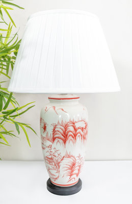 Red Oriental Ceramic Table Lamp with Pleated Shade